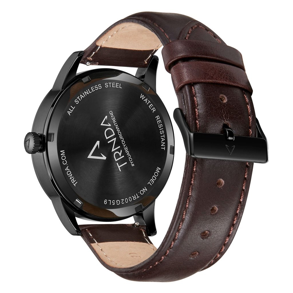 TRNDA MEN'S TRENDY STAINLESS STEEL WATCH - ELEGANT BLACK DIAL & BROWN LEATHER BAND
