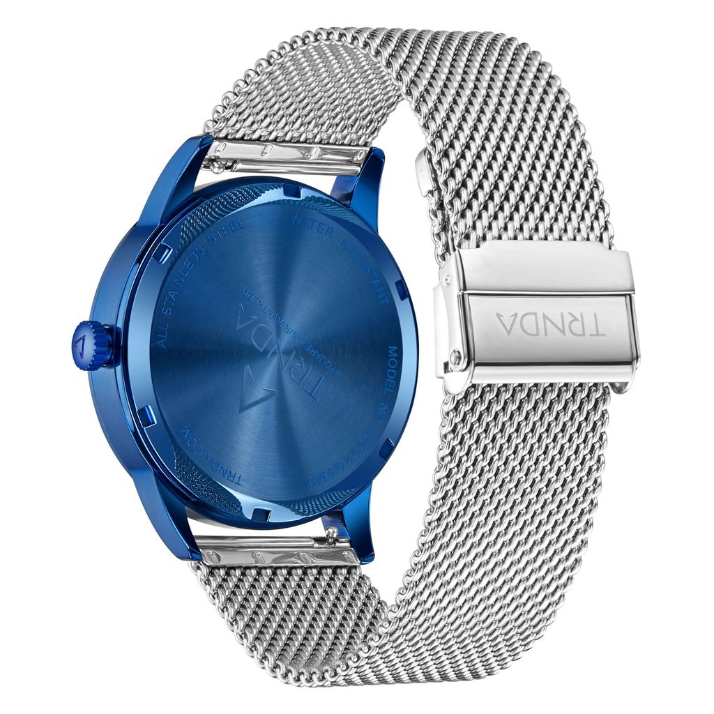 TRNDA STAINLESS STEEL MEN'S WATCH - BLUE PLATED ROUND CASE & SILVER MESH BAND