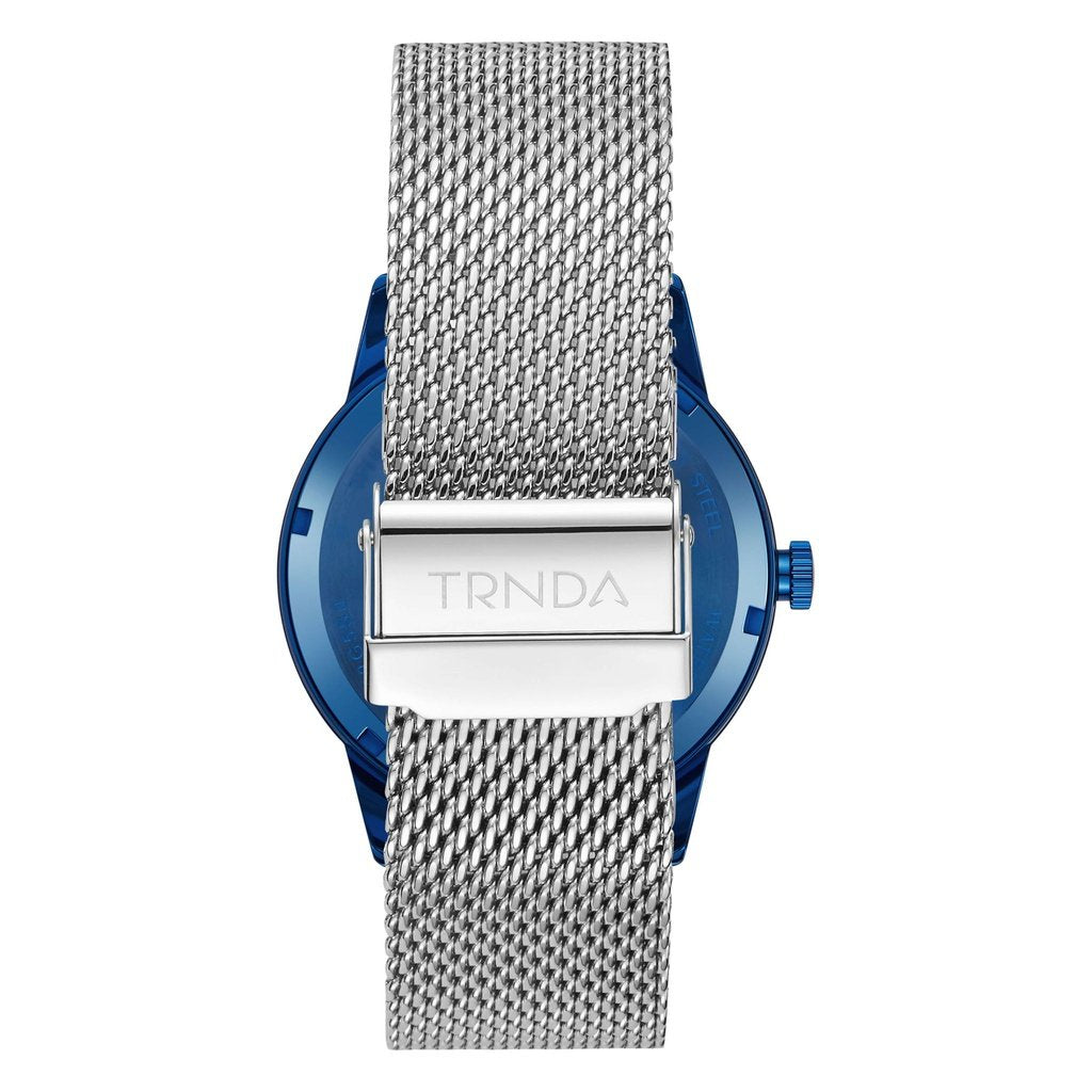TRNDA STAINLESS STEEL MEN'S WATCH - BLUE PLATED ROUND CASE & SILVER MESH BAND
