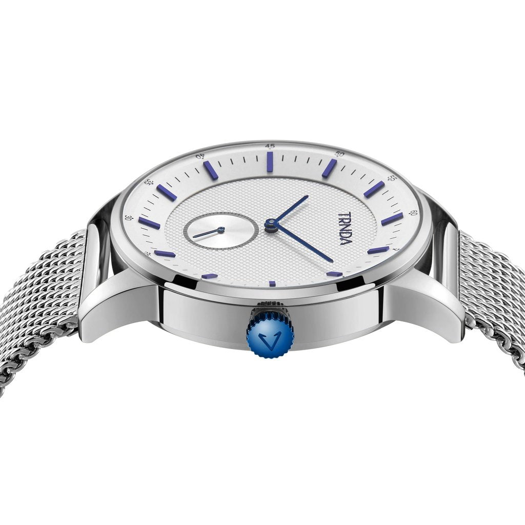 TRNDA STAINLESS STEEL MENS WATCH - TIMELY ELEGANCE WITH SILVER MESH BAND & BLUE DIAL