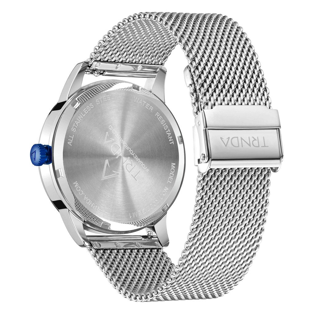 TRNDA STAINLESS STEEL MENS WATCH - TIMELY ELEGANCE WITH SILVER MESH BAND & BLUE DIAL