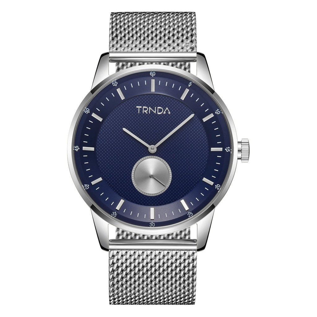 TRNDA STAINLESS STEEL MEN'S WATCH - ELEGANT BLUE DIAL WITH SILVER MESH BAND, 43MM TIMEPIECE