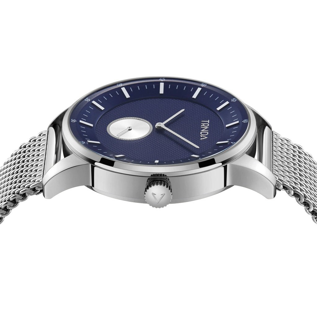 TRNDA STAINLESS STEEL MEN'S WATCH - ELEGANT BLUE DIAL WITH SILVER MESH BAND, 43MM TIMEPIECE