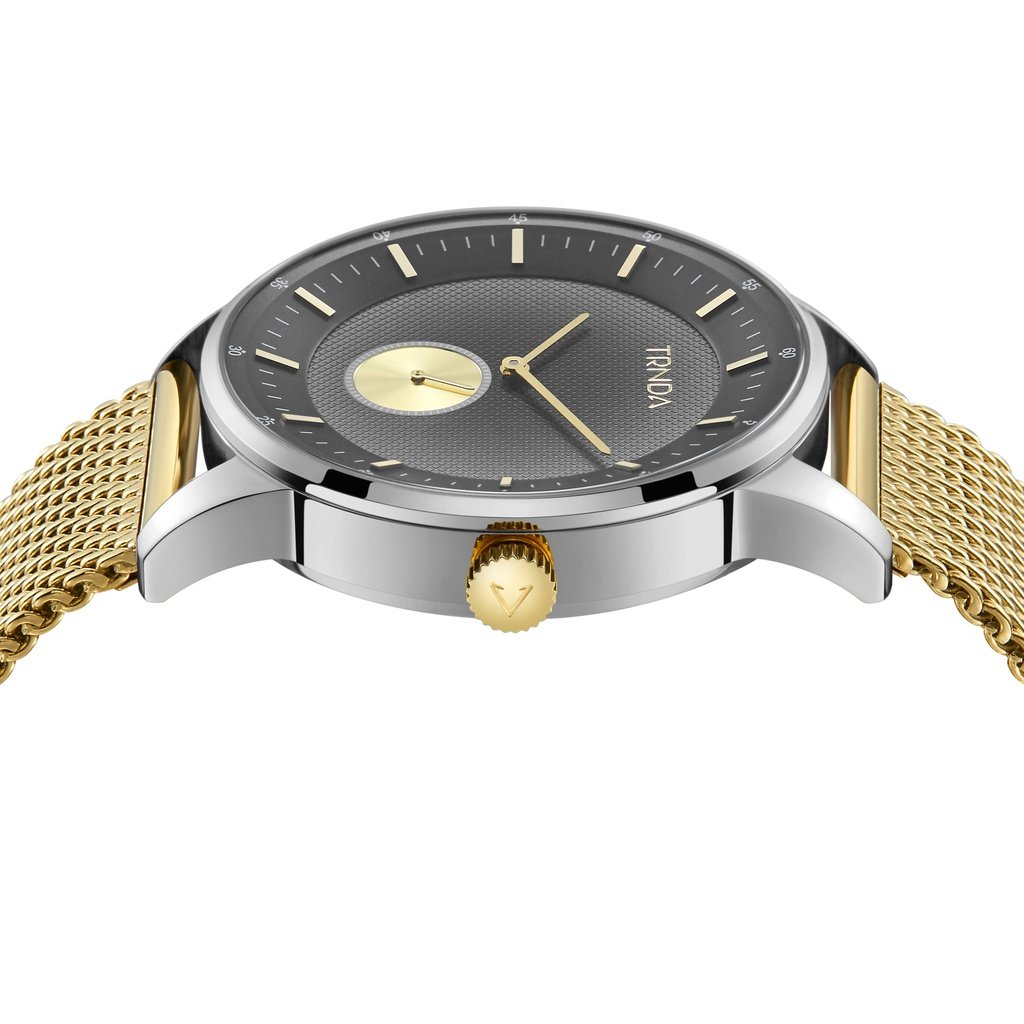 TRNDA STAINLESS STEEL MENS WATCH - ELEGANT GOLD MESH & GRADIENT LIGHT GRAY DIAL