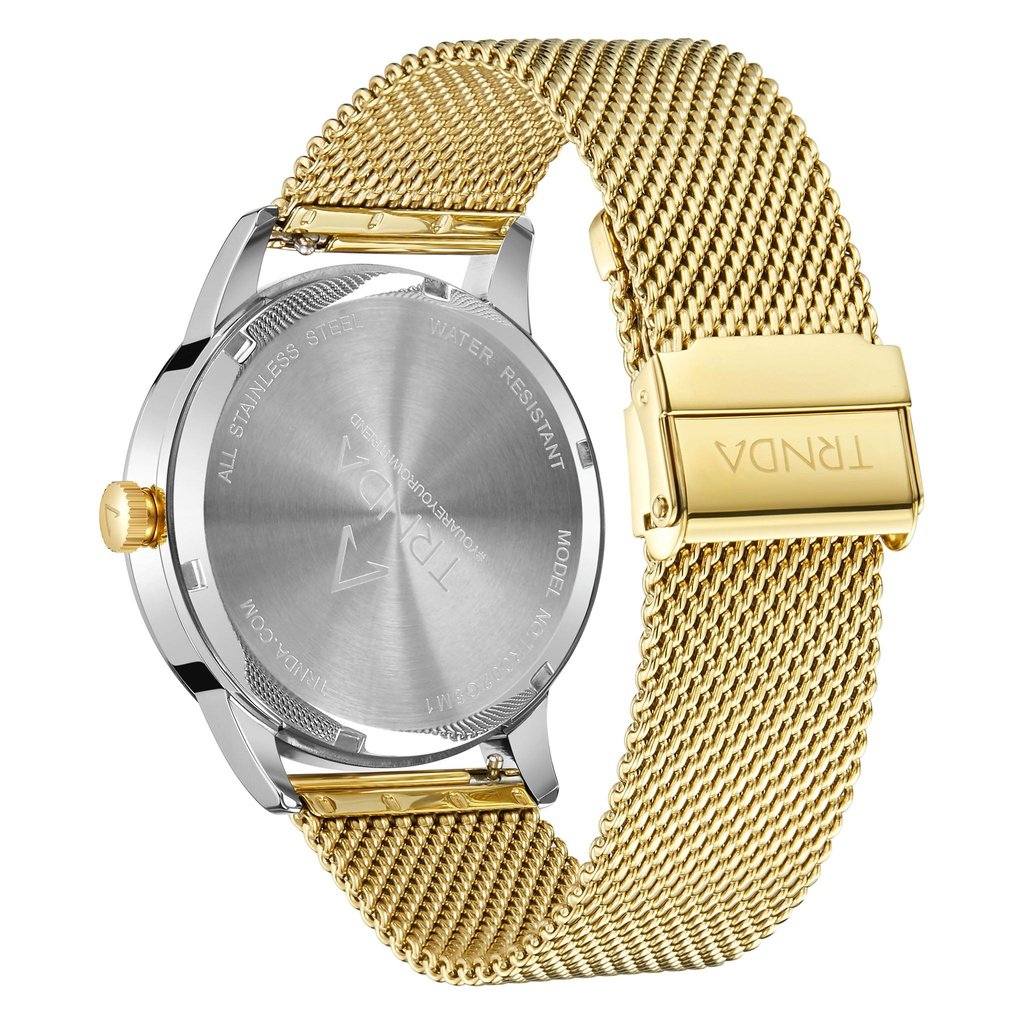 TRNDA STAINLESS STEEL MENS WATCH - ELEGANT GOLD MESH & GRADIENT LIGHT GRAY DIAL