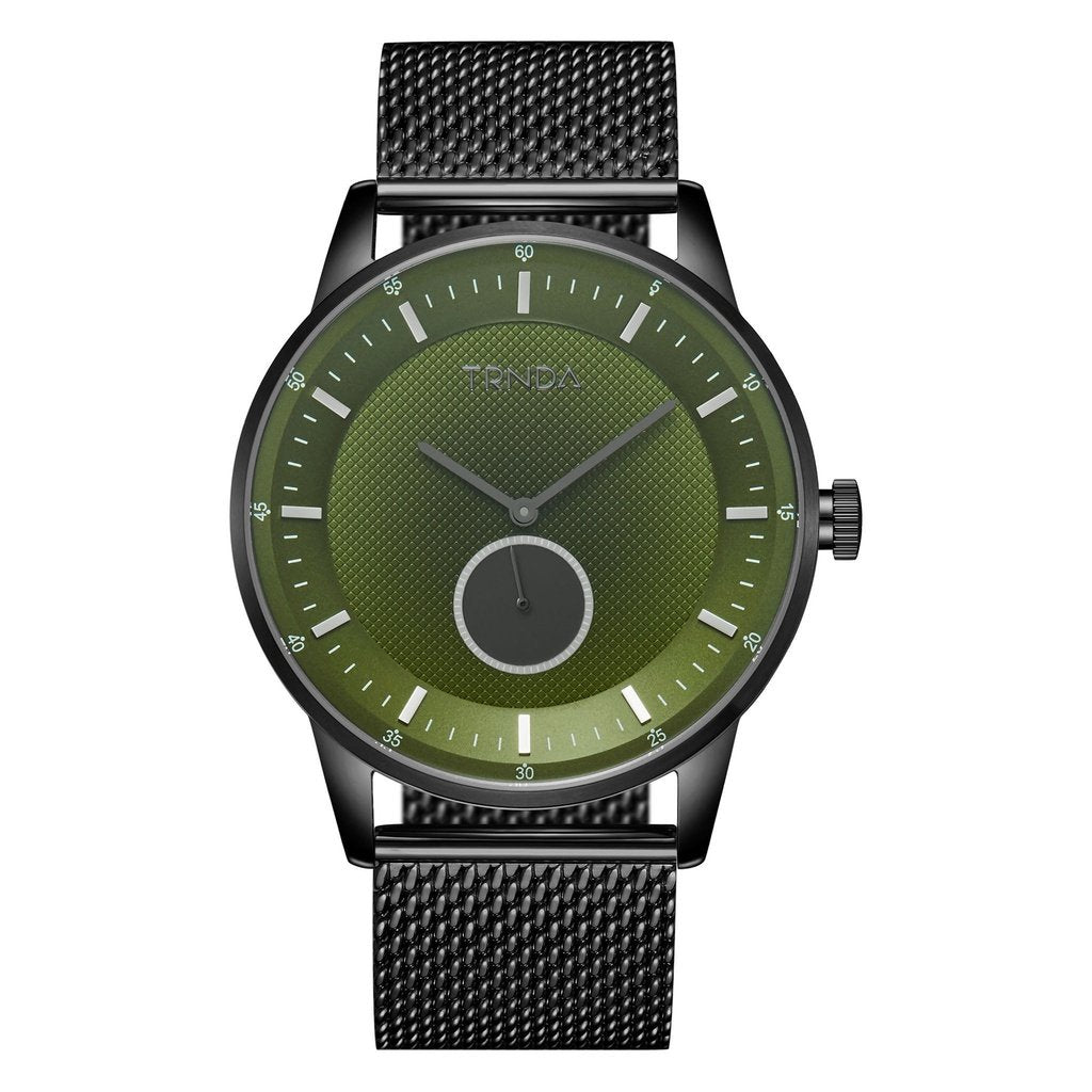 TRNDA MENS STAINLESS STEEL WATCH - TIMELESS SEAWEED GREEN DIAL WITH BROWN MESH BAND