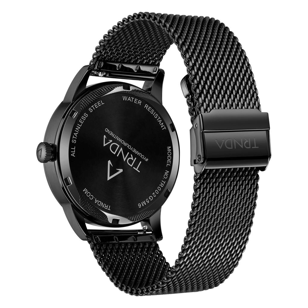 TRNDA STUNNING TIMEPIECE - TRENDY BLACK STAINLESS STEEL MEN'S WATCH with MESH BAND & UNIQUE DIAL