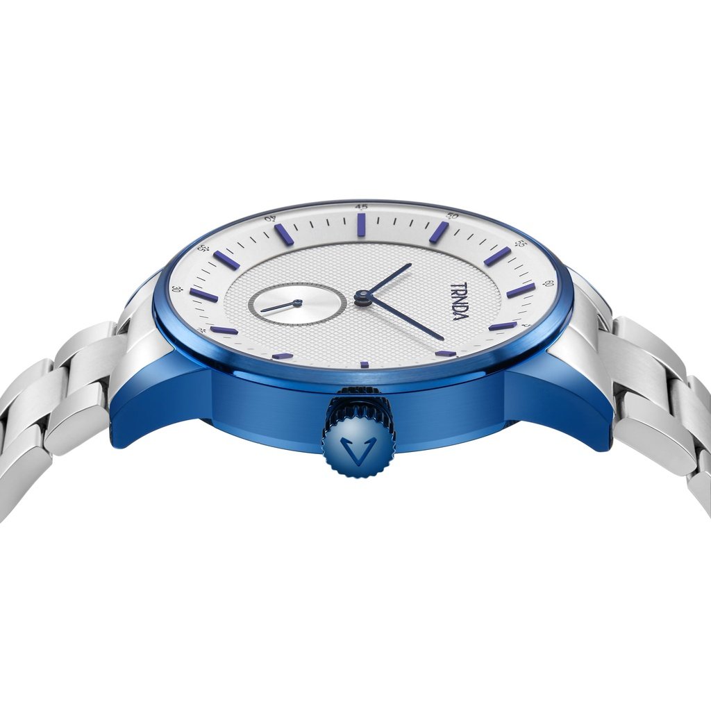TRNDA STYLISH STAINLESS STEEL MENS WATCH - ROUND BLUE CASE WITH SILVER DIAL & BAND