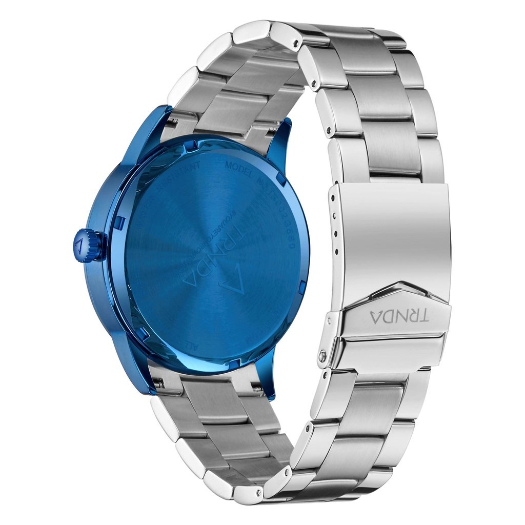 TRNDA STYLISH STAINLESS STEEL MENS WATCH - ROUND BLUE CASE WITH SILVER DIAL & BAND