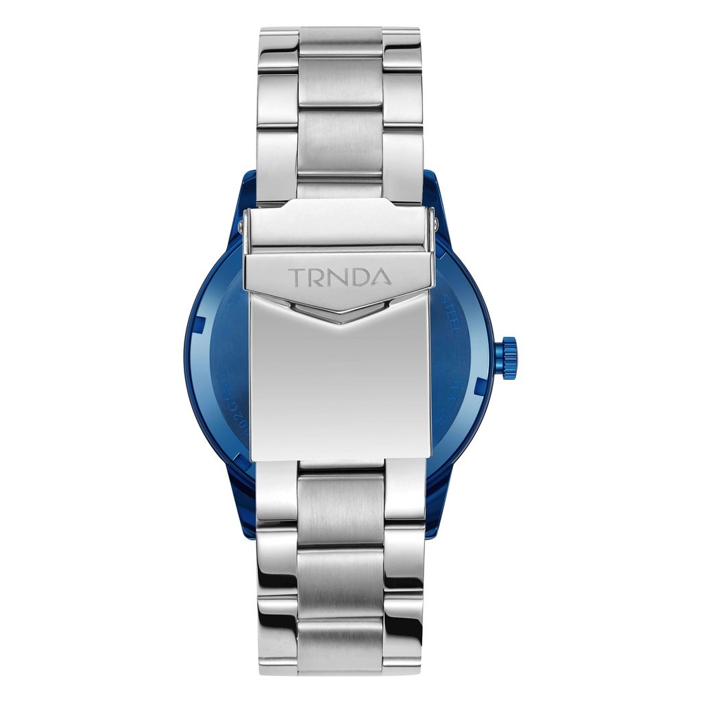 TRNDA STYLISH STAINLESS STEEL MENS WATCH - ROUND BLUE CASE WITH SILVER DIAL & BAND