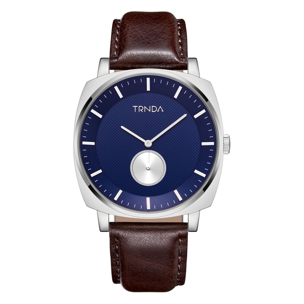 TRNDA MEN'S SQUARE STAINLESS STEEL WATCH - ELEGANT BLUE DIAL & BROWN LEATHER BAND