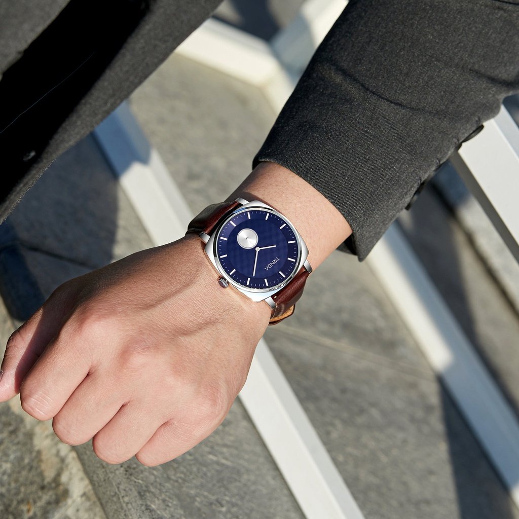 TRNDA MEN'S SQUARE STAINLESS STEEL WATCH - ELEGANT BLUE DIAL & BROWN LEATHER BAND