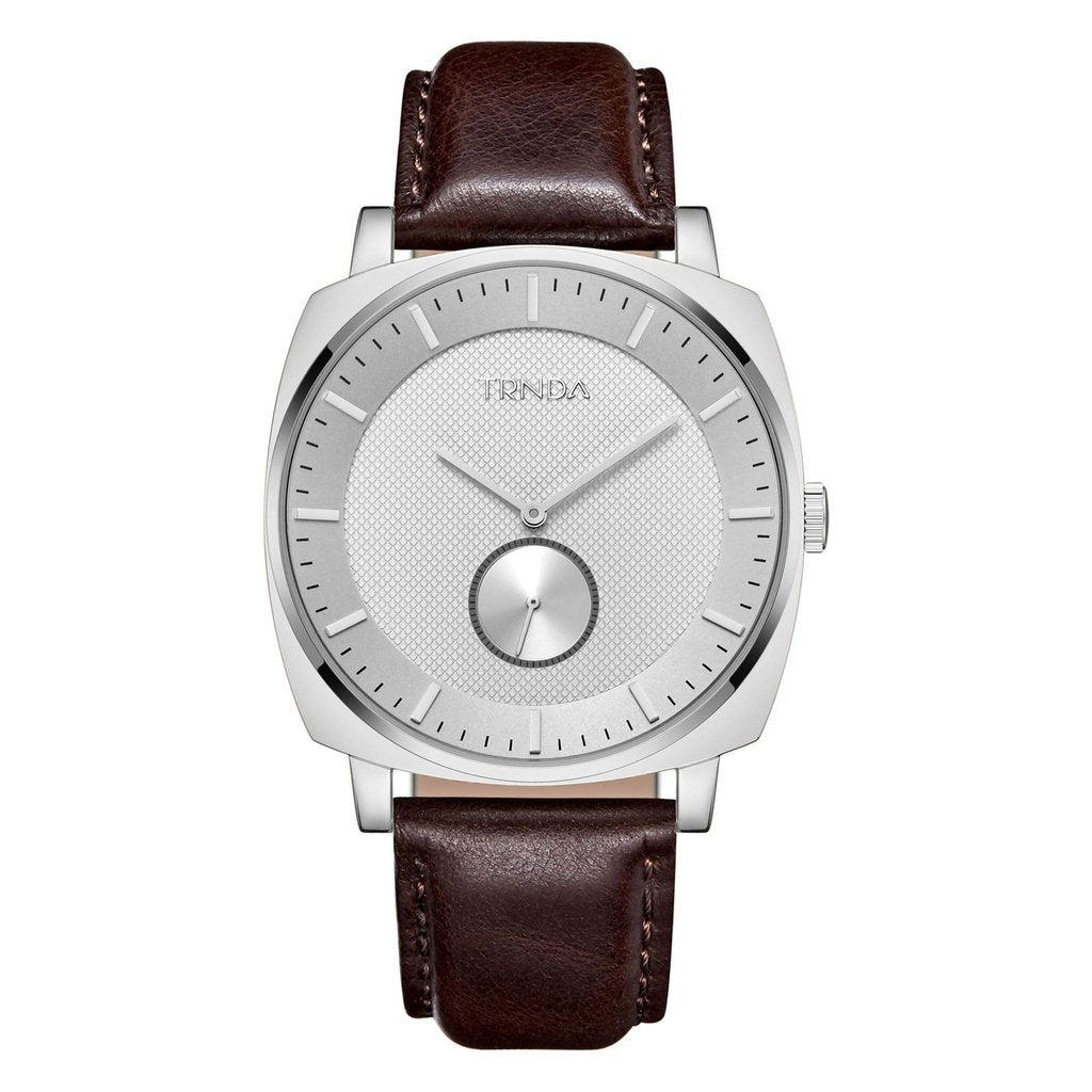 TRNDA SQUARE CLASSIC 45MM STAINLESS STEEL MEN'S WATCH - BROWN LEATHER BAND & WHITE DIAL
