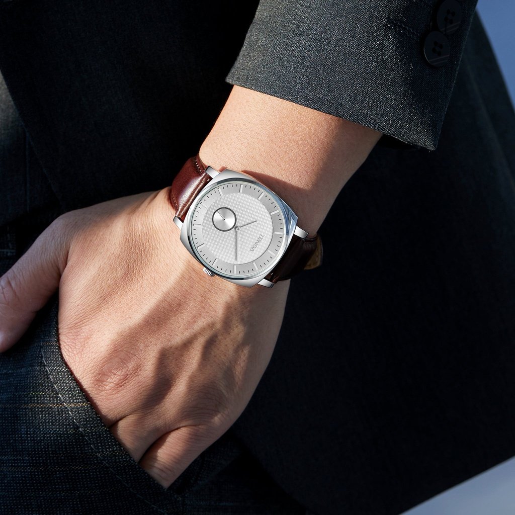 TRNDA SQUARE CLASSIC 45MM STAINLESS STEEL MEN'S WATCH - BROWN LEATHER BAND & WHITE DIAL