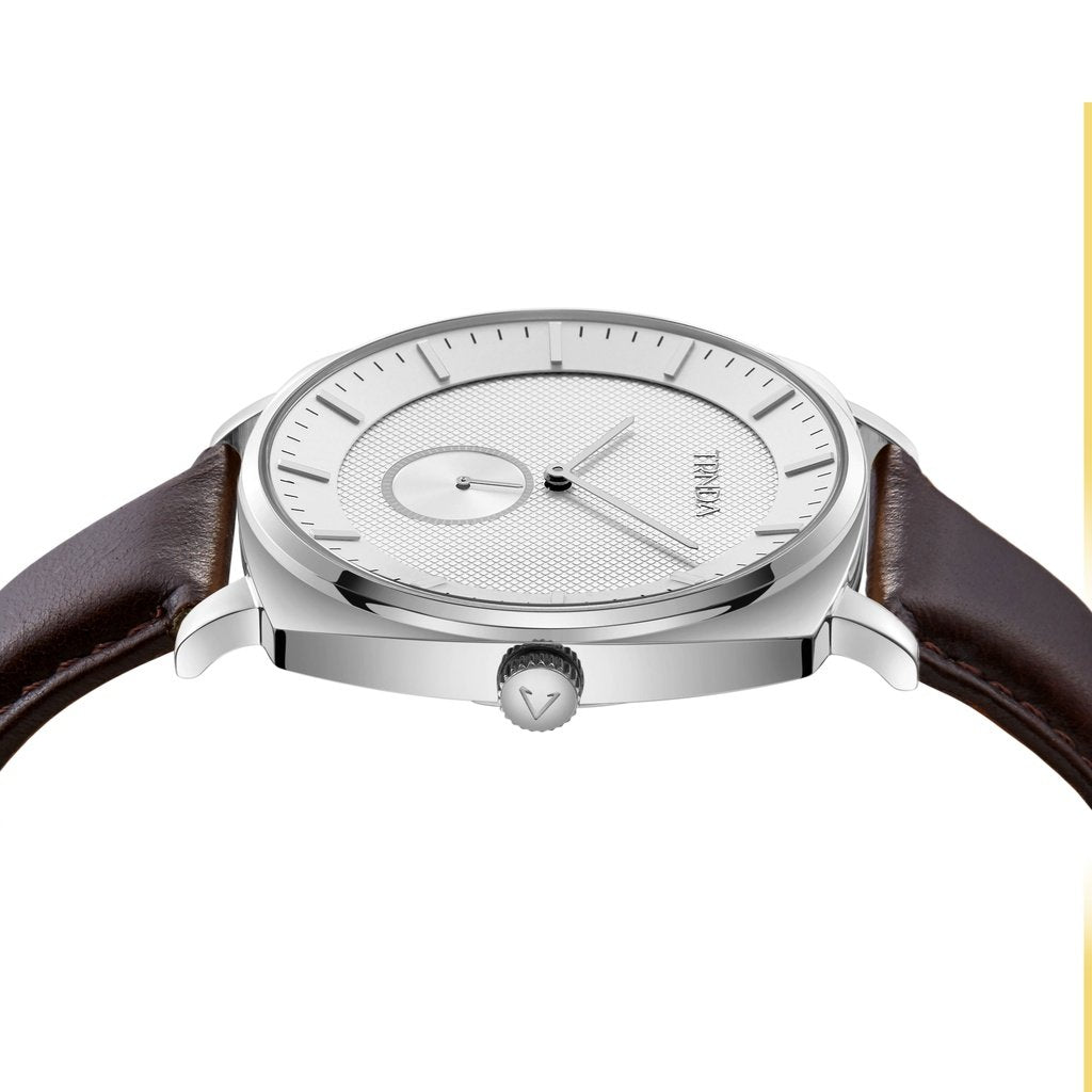 TRNDA SQUARE CLASSIC 45MM STAINLESS STEEL MEN'S WATCH - BROWN LEATHER BAND & WHITE DIAL