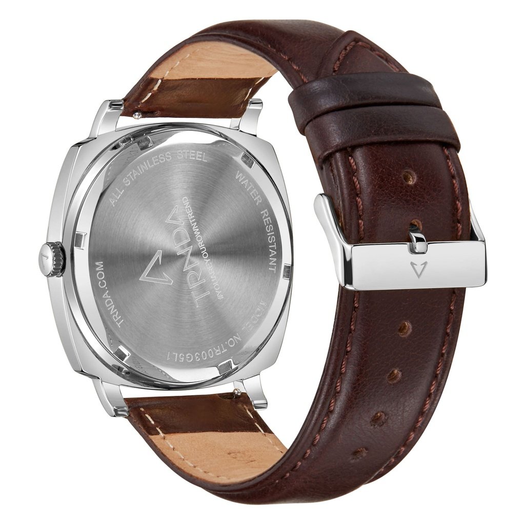 TRNDA SQUARE CLASSIC 45MM STAINLESS STEEL MEN'S WATCH - BROWN LEATHER BAND & WHITE DIAL
