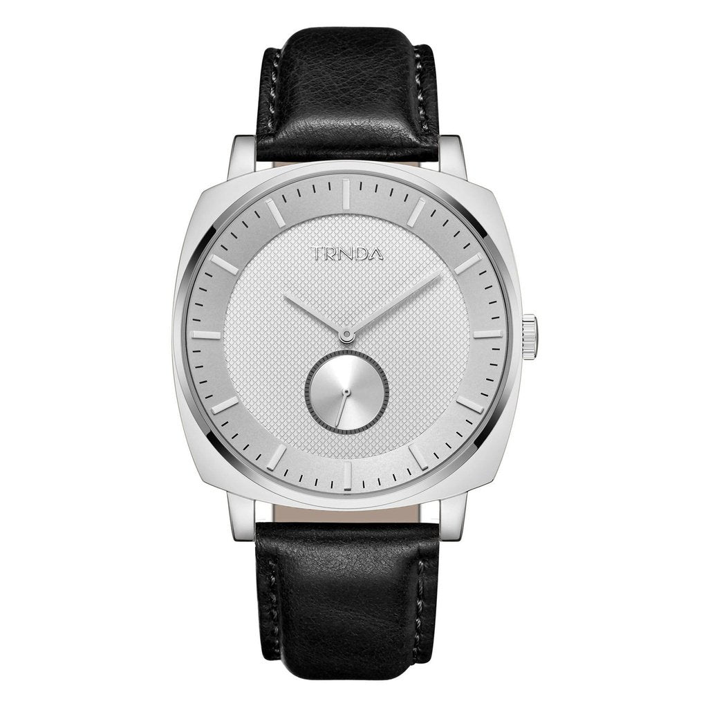 TRNDA SQUARE 45MM STAINLESS STEEL MEN'S WATCH - ELEGANT BLACK LEATHER BAND & UNIQUE SILVER DIAL