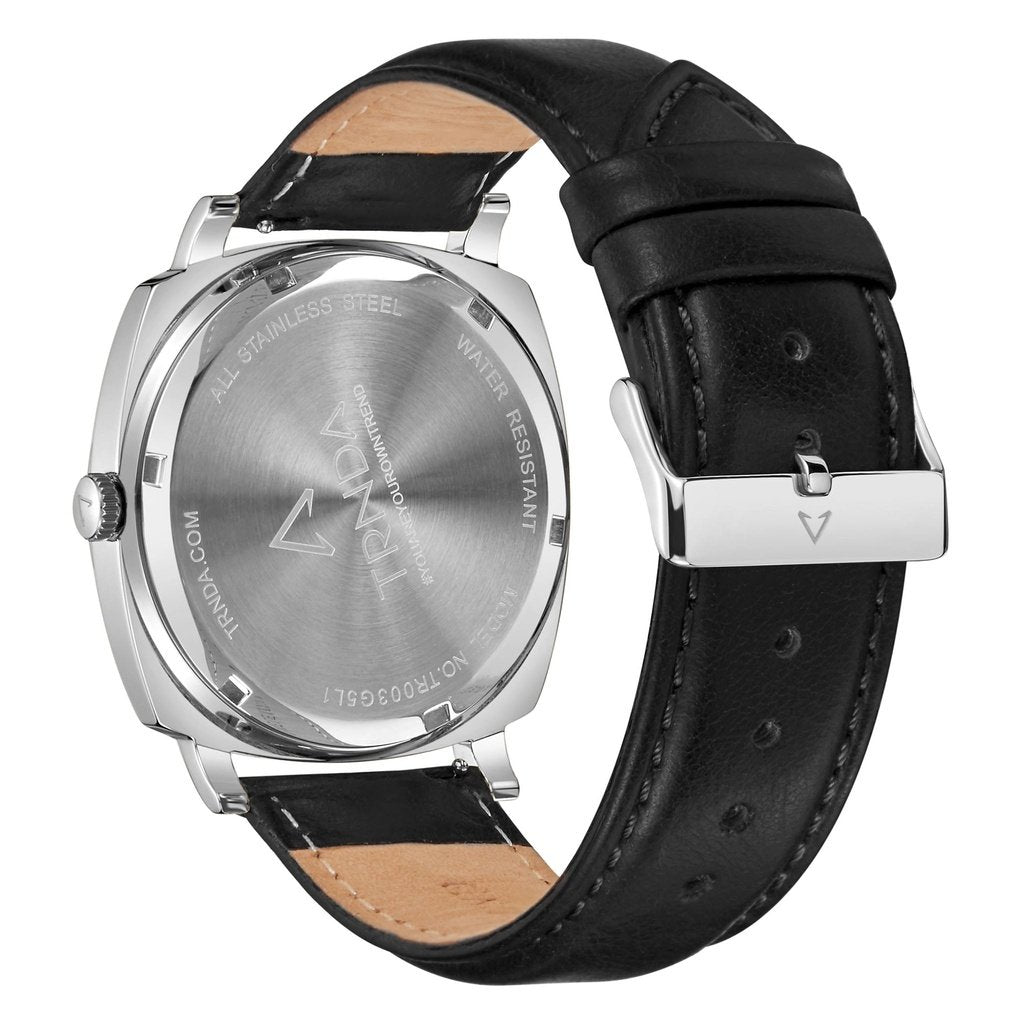 TRNDA SQUARE 45MM STAINLESS STEEL MEN'S WATCH - ELEGANT BLACK LEATHER BAND & UNIQUE SILVER DIAL