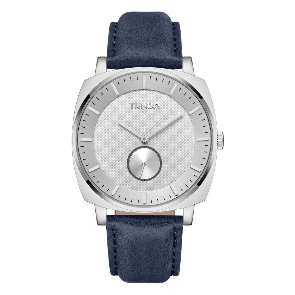 TRNDA STAINLESS STEEL SQUARE MEN'S WATCH - BLUE LEATHER BAND, SILVER DIAL, TIMELESS STYLE