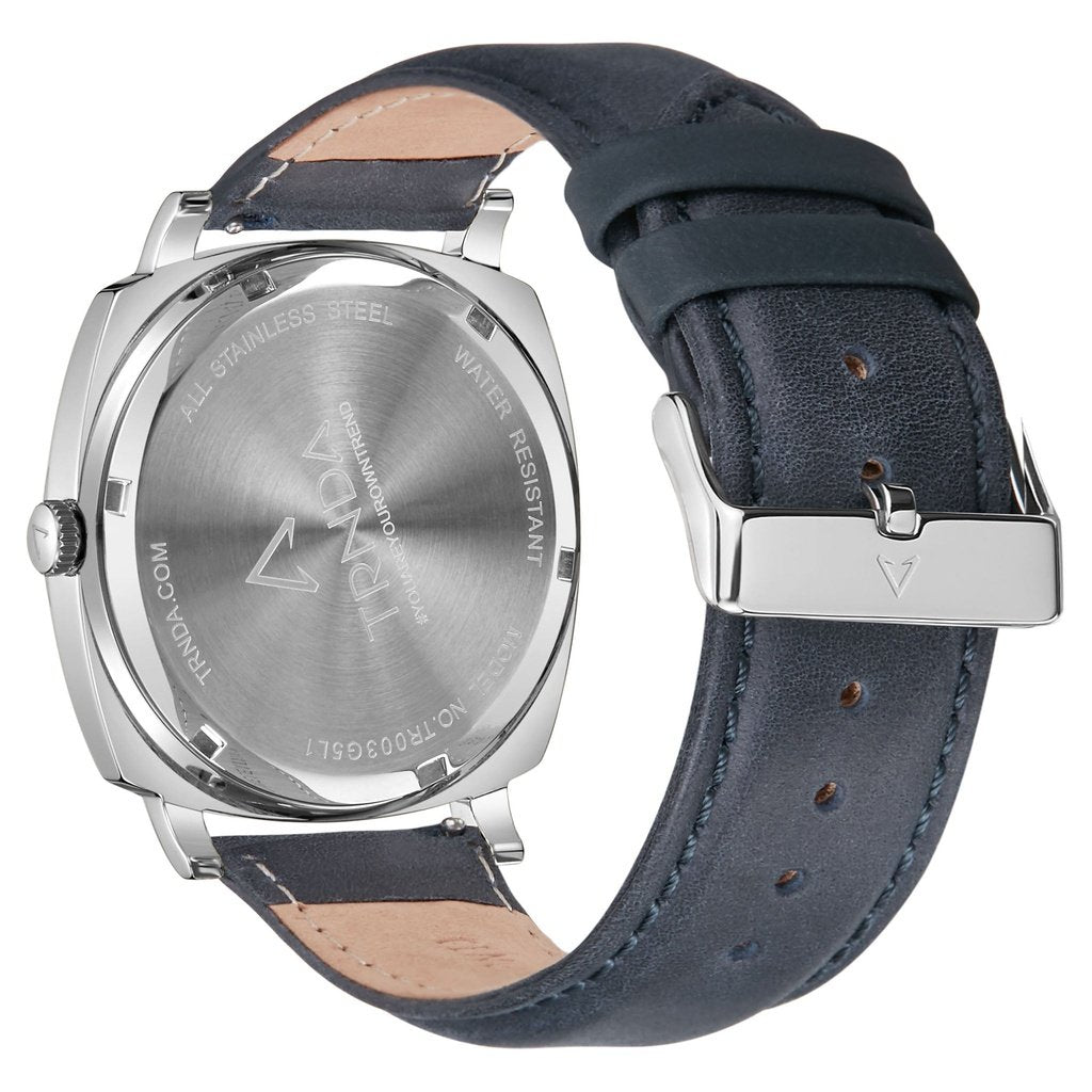 TRNDA STAINLESS STEEL SQUARE MEN'S WATCH - BLUE LEATHER BAND, SILVER DIAL, TIMELESS STYLE