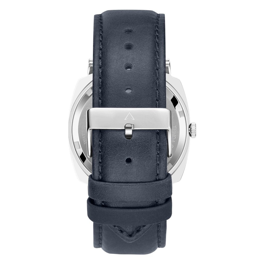 TRNDA STAINLESS STEEL SQUARE MEN'S WATCH - BLUE LEATHER BAND, SILVER DIAL, TIMELESS STYLE
