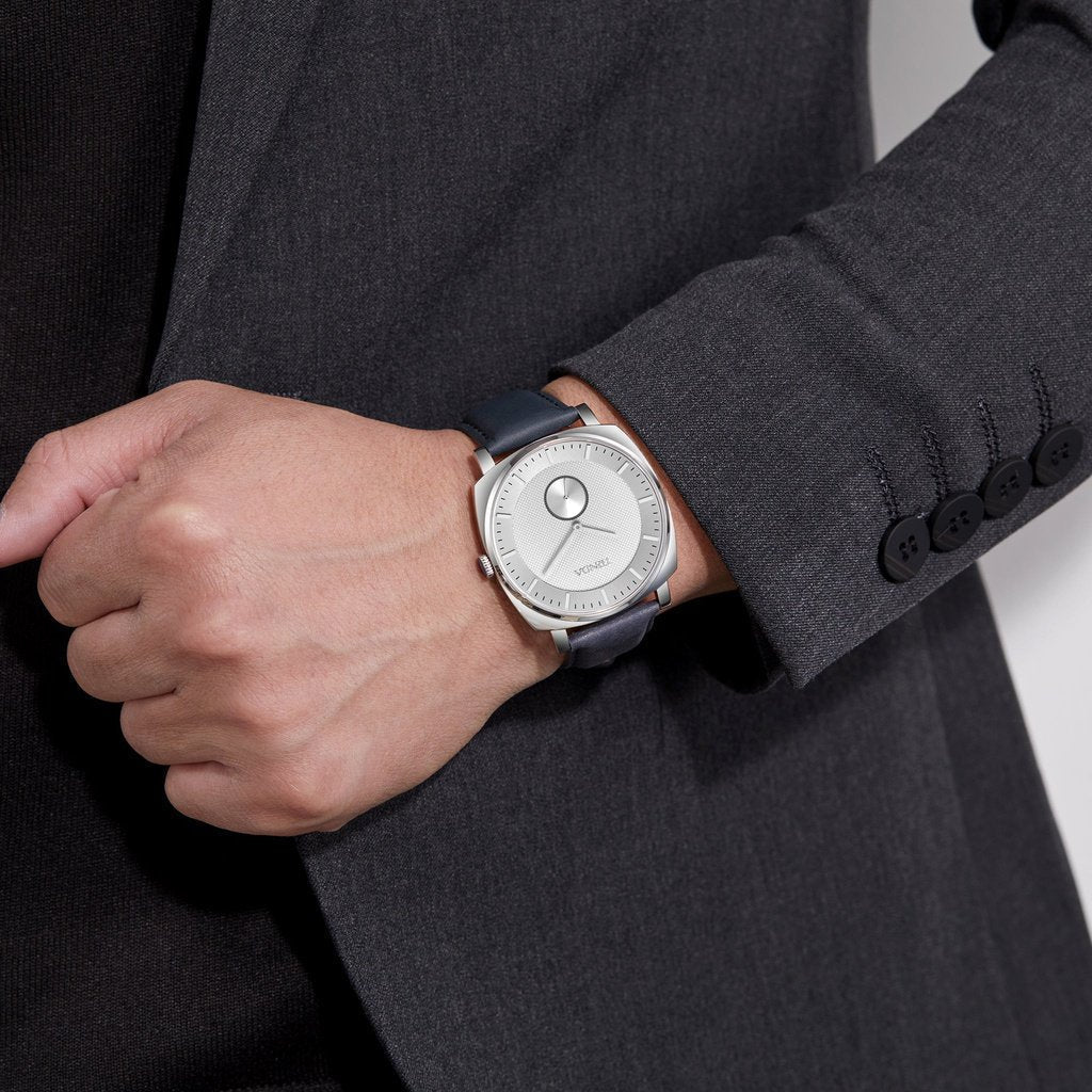 TRNDA STAINLESS STEEL SQUARE MEN'S WATCH - BLUE LEATHER BAND, SILVER DIAL, TIMELESS STYLE