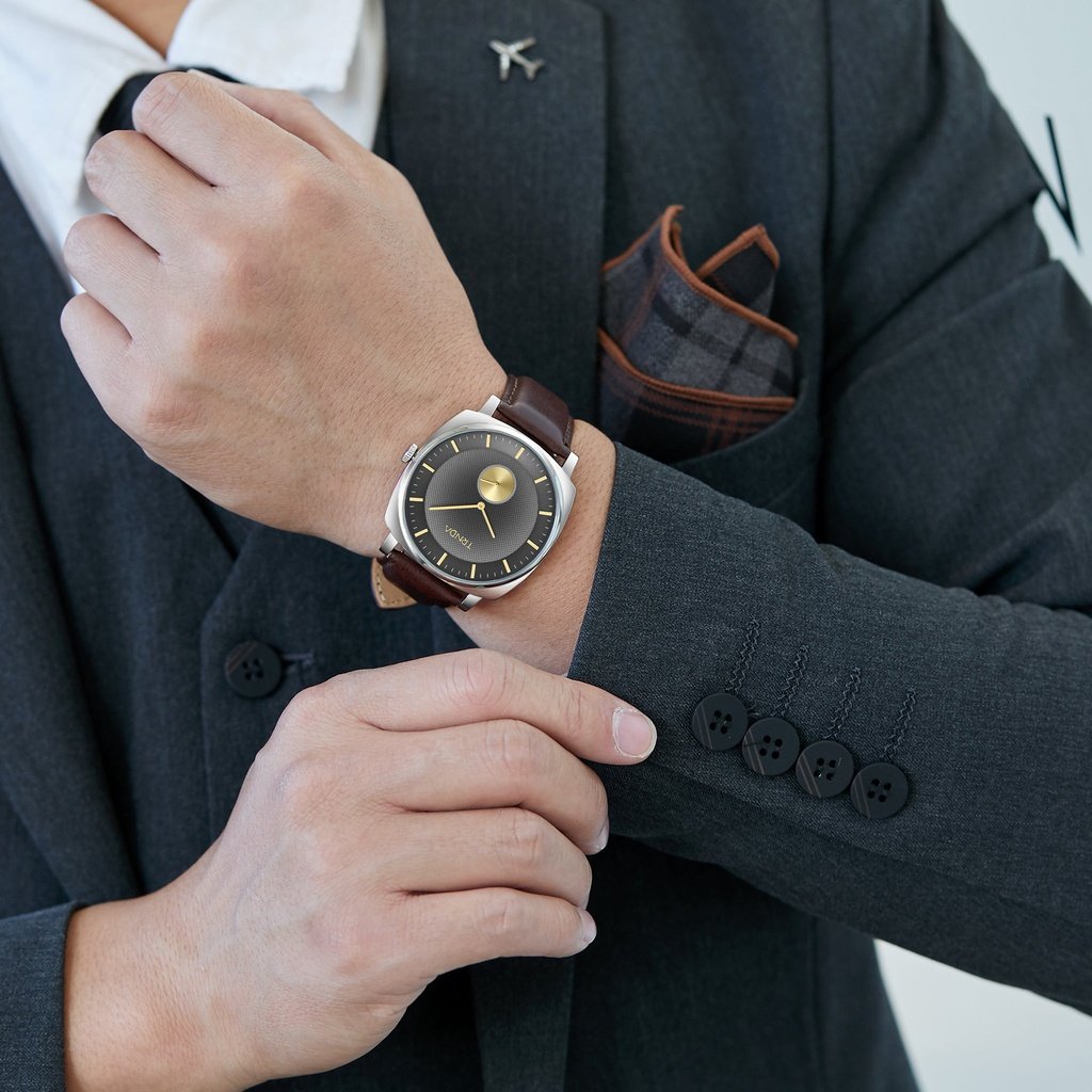 TRNDA TRENDY SQUARE STAINLESS STEEL MEN'S WATCH - GRADIENT GREY DIAL & BROWN LEATHER BAND