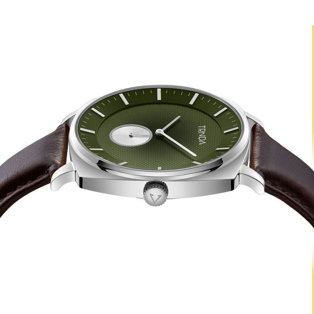 TRNDA SQUARE STAINLESS STEEL MEN'S WATCH - SEAWEED GREEN DIAL & BROWN LEATHER BAND