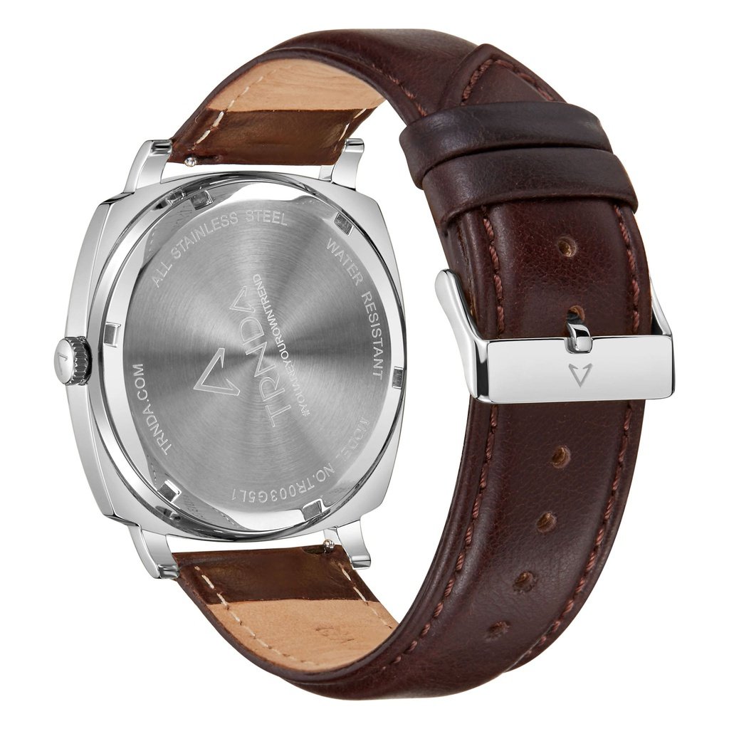 TRNDA SQUARE STAINLESS STEEL MEN'S WATCH - SEAWEED GREEN DIAL & BROWN LEATHER BAND