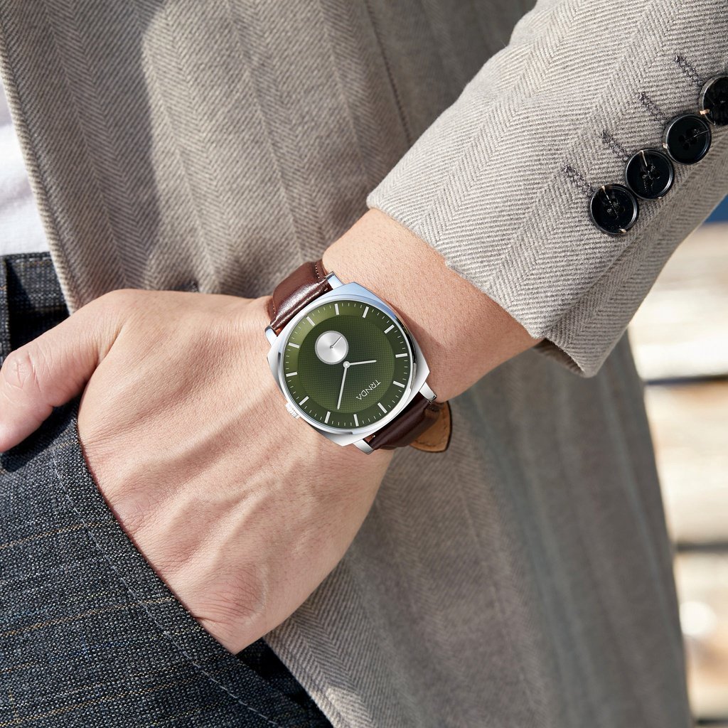 TRNDA SQUARE STAINLESS STEEL MEN'S WATCH - SEAWEED GREEN DIAL & BROWN LEATHER BAND