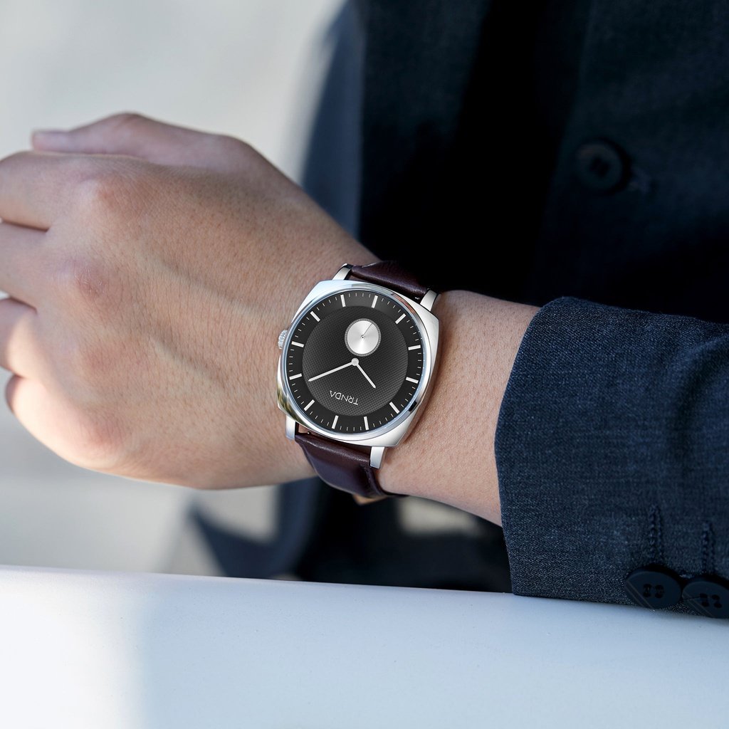 TRNDA STAINLESS STEEL SQUARE DIAL - ELEGANT GRADIENT GREY MEN'S WATCH with Brown Leather Band