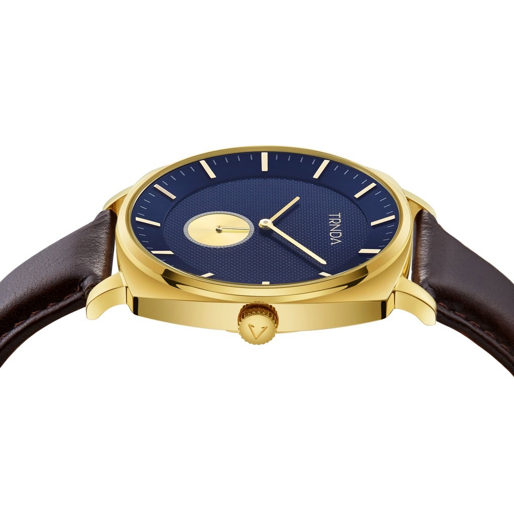 TRNDA STAINLESS STEEL SQUARE GOLD MEN'S WATCH - TIMELESS BLUE DIAL WITH BROWN LEATHER BAND