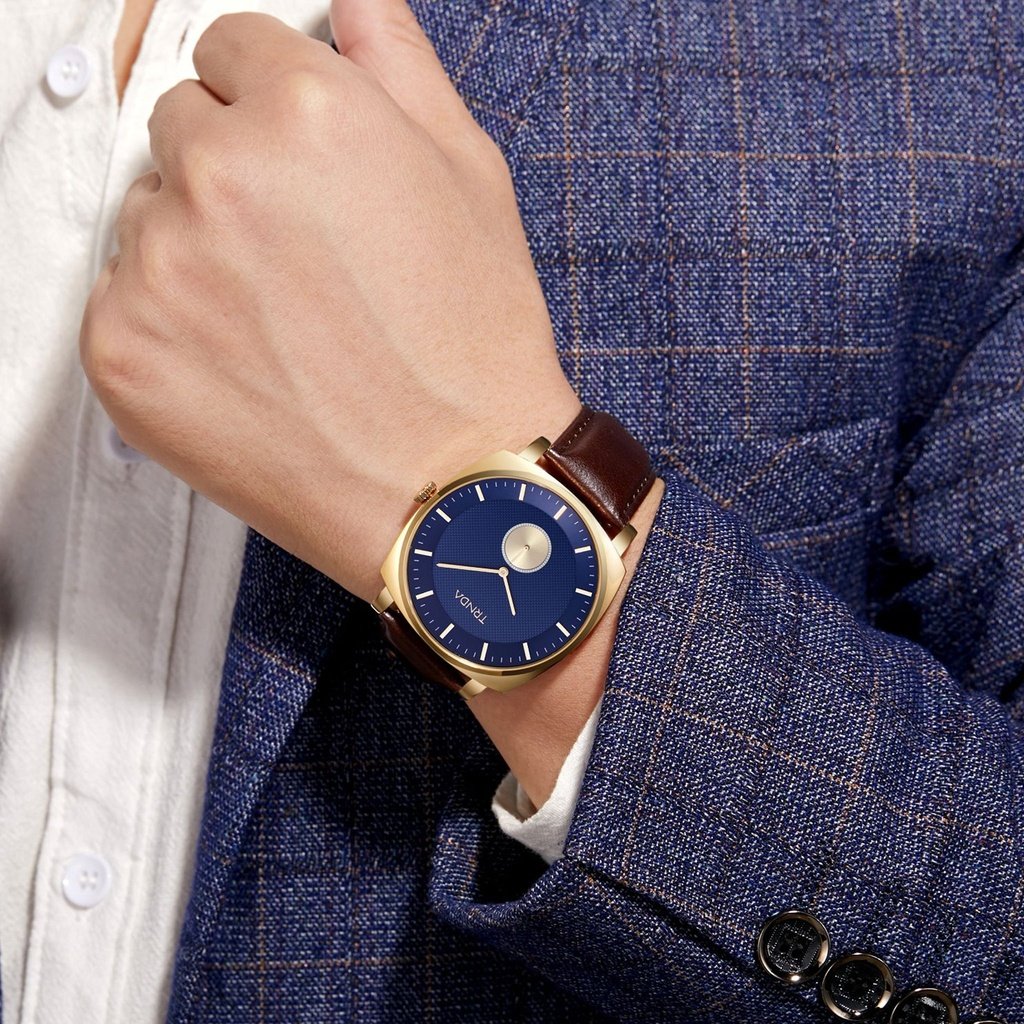 TRNDA STAINLESS STEEL SQUARE GOLD MEN'S WATCH - TIMELESS BLUE DIAL WITH BROWN LEATHER BAND