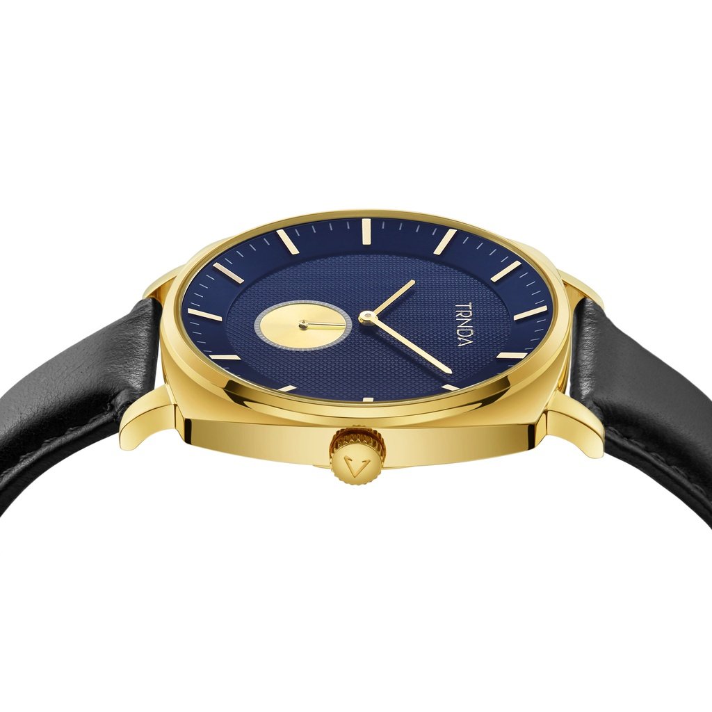 TRNDA SQUARE GOLD STAINLESS STEEL MEN'S WATCH - UNIQUE BLUE DIAL & BLACK LEATHER BAND