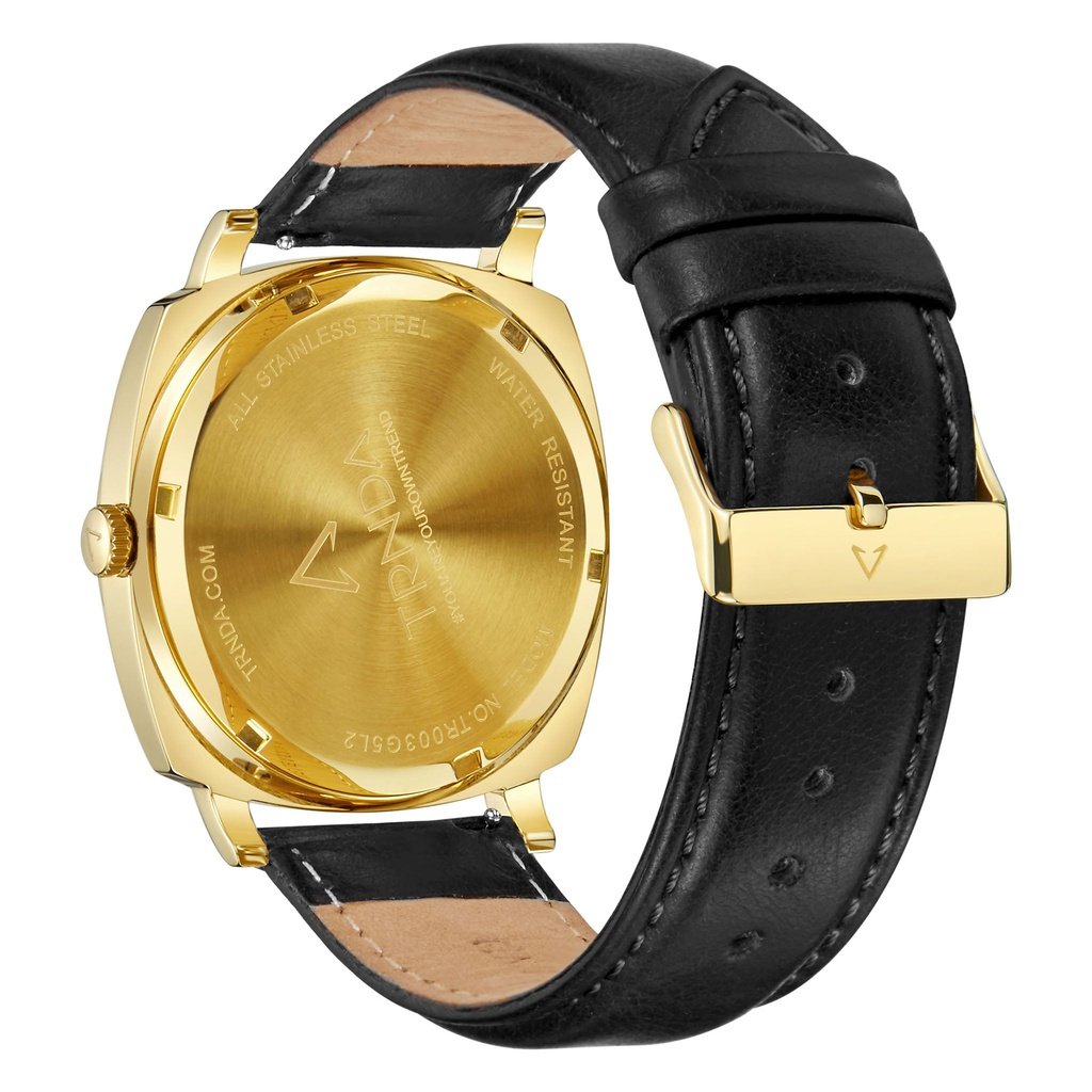 TRNDA SQUARE GOLD STAINLESS STEEL MEN'S WATCH - UNIQUE BLUE DIAL & BLACK LEATHER BAND