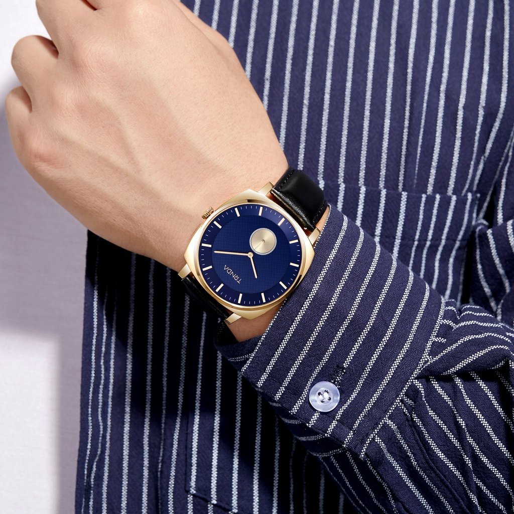 TRNDA SQUARE GOLD STAINLESS STEEL MEN'S WATCH - UNIQUE BLUE DIAL & BLACK LEATHER BAND