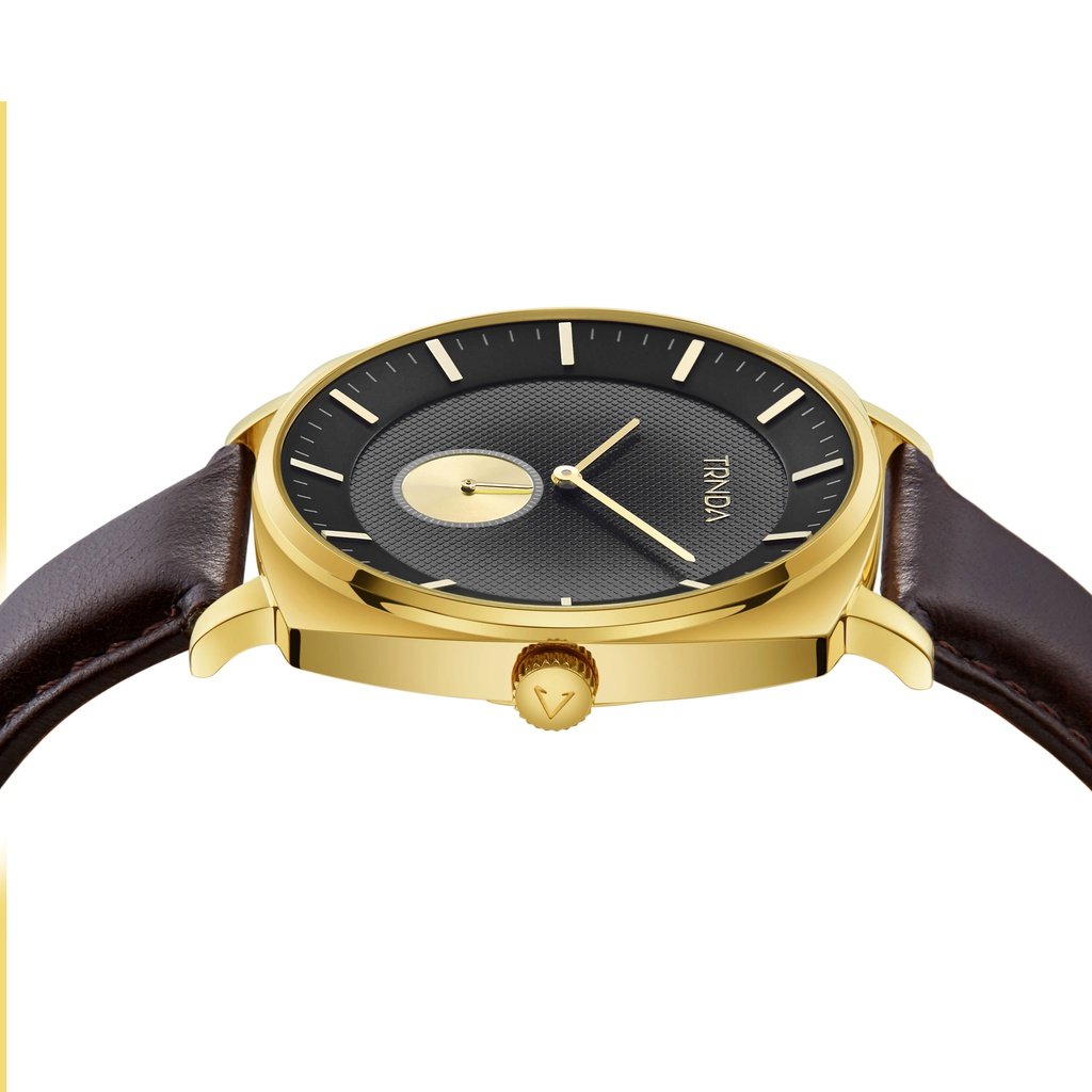 TRNDA Men's Square Gold Stainless Steel Watch with Brown Leather Band - Timeless Style Statement