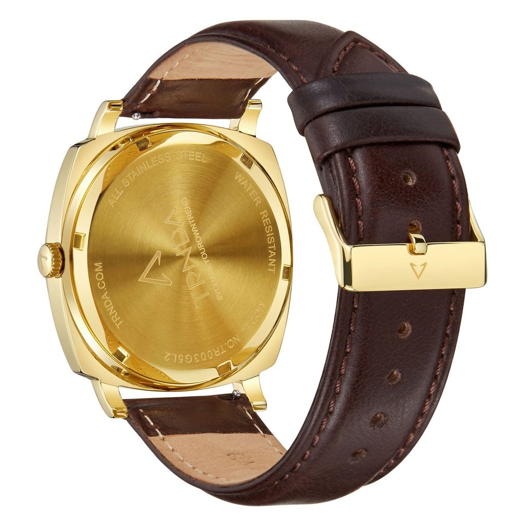 TRNDA Men's Square Gold Stainless Steel Watch with Brown Leather Band - Timeless Style Statement