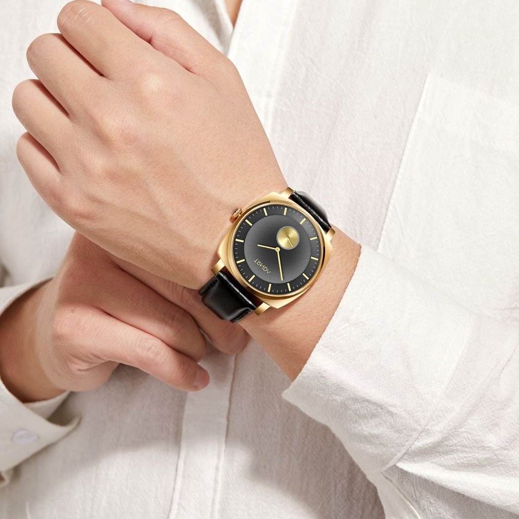 TRNDA SQUARE GOLD STAINLESS STEEL MEN'S WATCH - ELEGANT LIGHT GREY DIAL & BLACK LEATHER BAND