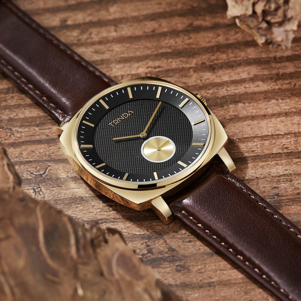 TRNDA SQUARE GOLD STAINLESS STEEL MEN'S WATCH - TIMELESS BLACK DIAL WITH BROWN LEATHER BAND