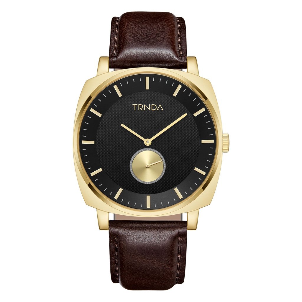TRNDA SQUARE GOLD STAINLESS STEEL MEN'S WATCH - TIMELESS BLACK DIAL WITH BROWN LEATHER BAND