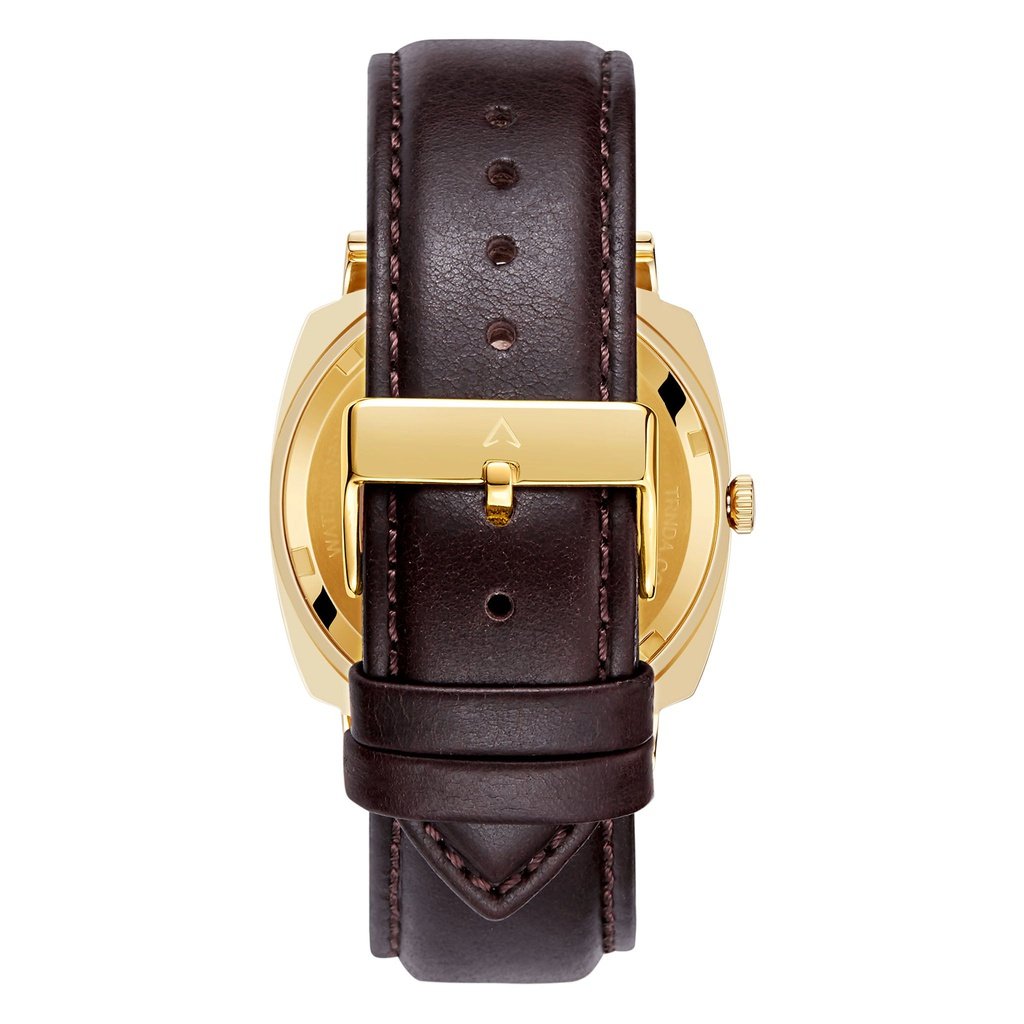 TRNDA SQUARE GOLD STAINLESS STEEL MEN'S WATCH - TIMELESS BLACK DIAL WITH BROWN LEATHER BAND