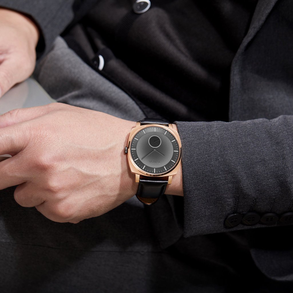 TRNDA SQUARE ROSE GOLD STAINLESS STEEL MEN'S WATCH - TRENDY LEATHER BAND & UNIQUE GREY DIAL