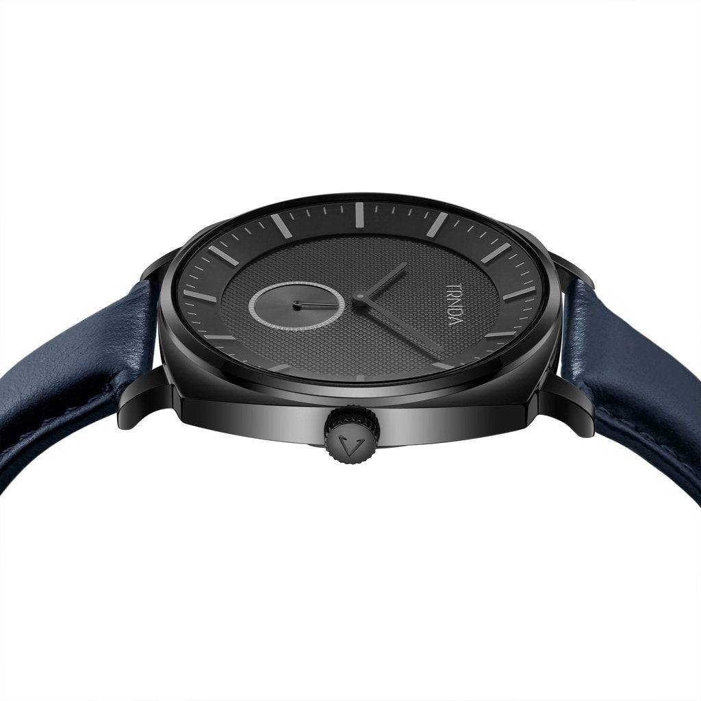 TRNDA STAINLESS STEEL SQUARE BLACK DIAL MEN'S WATCH - BLUE LEATHER BAND - TIMELESS TRENDSETTER