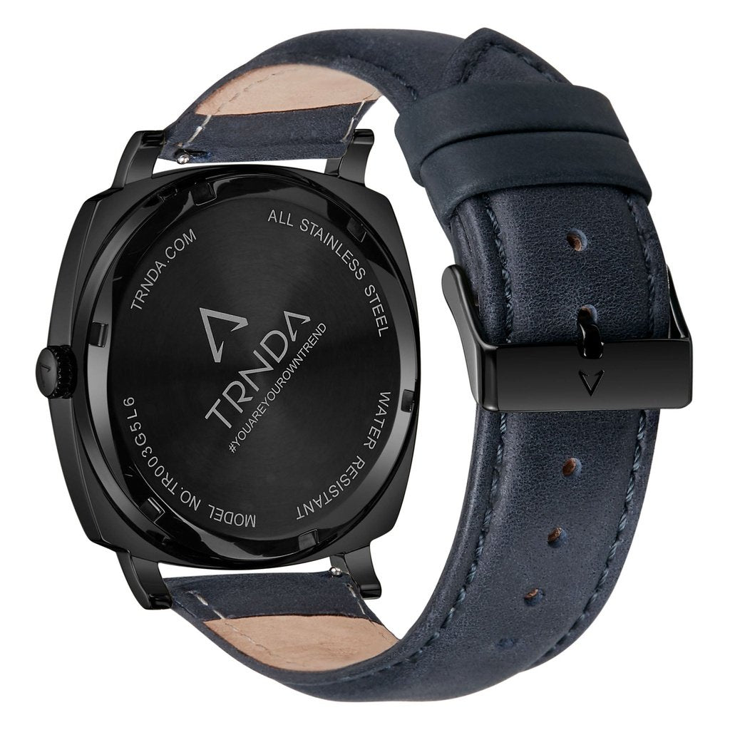 TRNDA STAINLESS STEEL SQUARE BLACK DIAL MEN'S WATCH - BLUE LEATHER BAND - TIMELESS TRENDSETTER