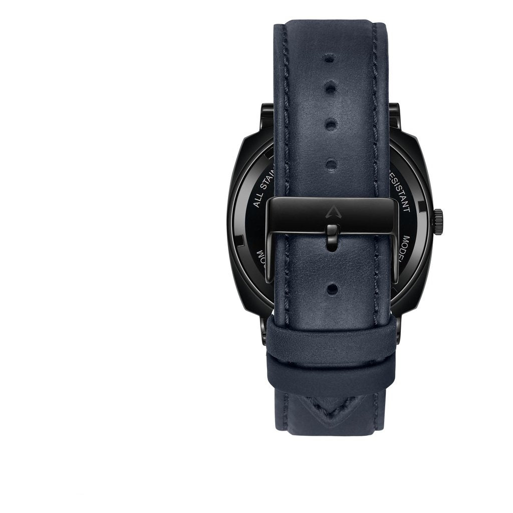 TRNDA STAINLESS STEEL SQUARE BLACK DIAL MEN'S WATCH - BLUE LEATHER BAND - TIMELESS TRENDSETTER