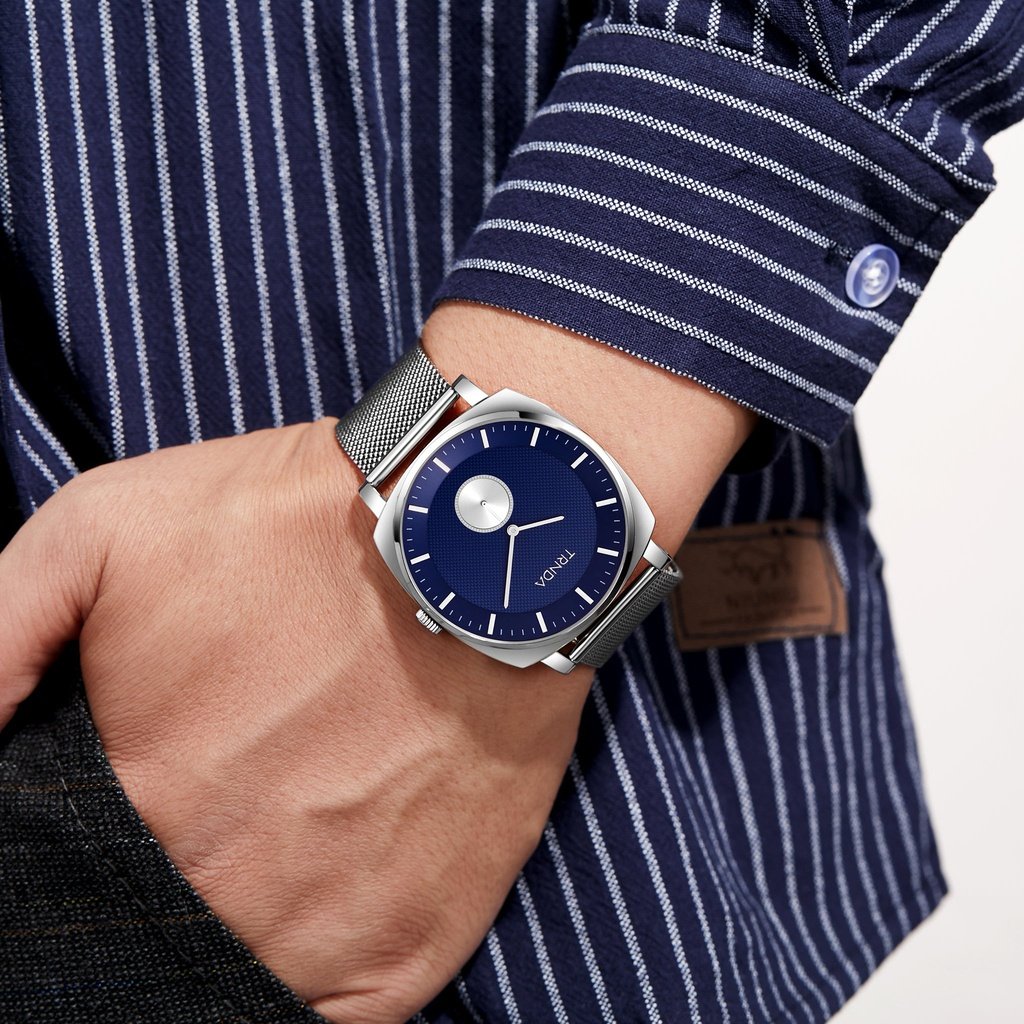 TRNDA MEN'S STAINLESS STEEL SQUARE WATCH - TIMELESS BLUE DIAL FASHION STATEMENT