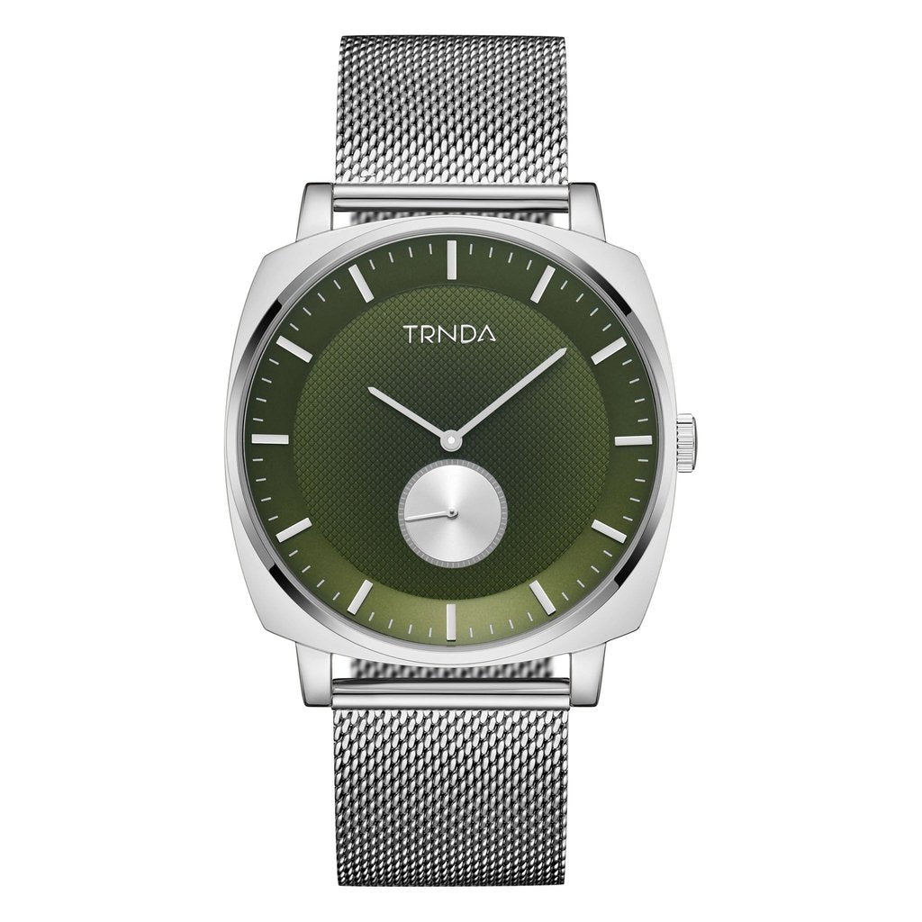 TRNDA STAINLESS STEEL SQUARE MEN'S WATCH - SEAWEED GREEN DIAL & SILVER MESH BAND