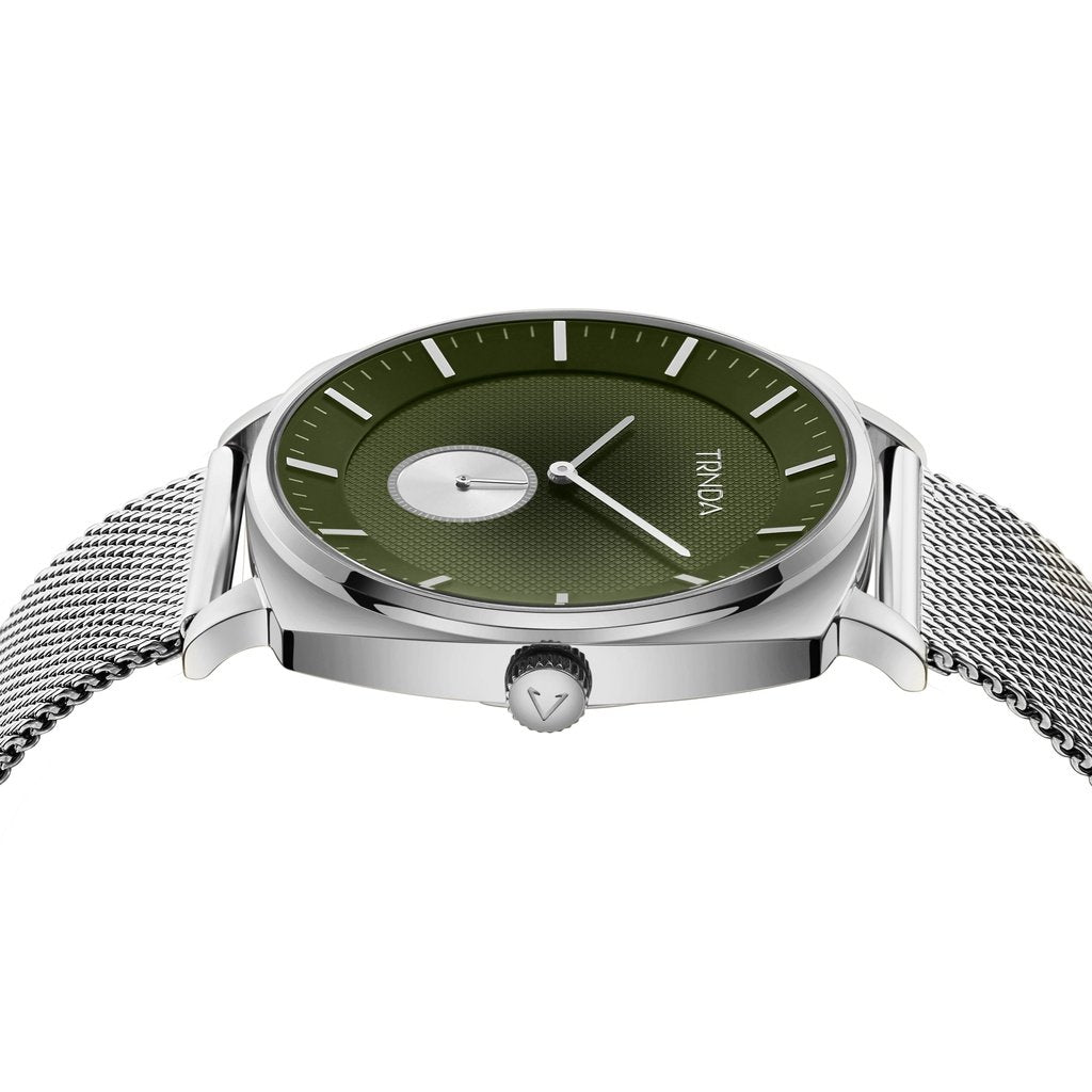 TRNDA STAINLESS STEEL SQUARE MEN'S WATCH - SEAWEED GREEN DIAL & SILVER MESH BAND