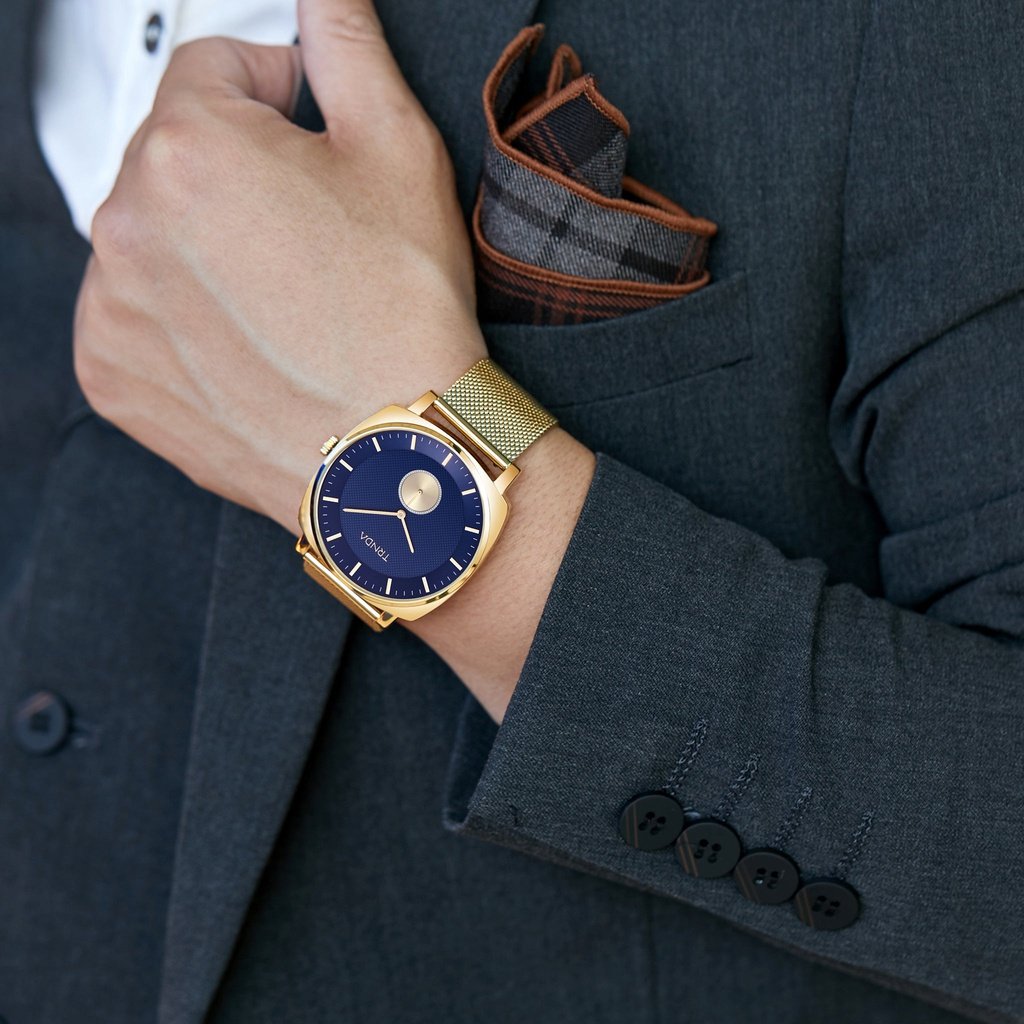 TRNDA MEN'S TIMEPIECE - SQUARE GOLD STAINLESS STEEL WATCH WITH UNIQUE BLUE DIAL